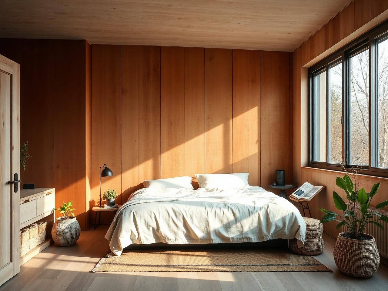 Interno di un modulo vivia: acciaio Corten, legno e tessuti naturali