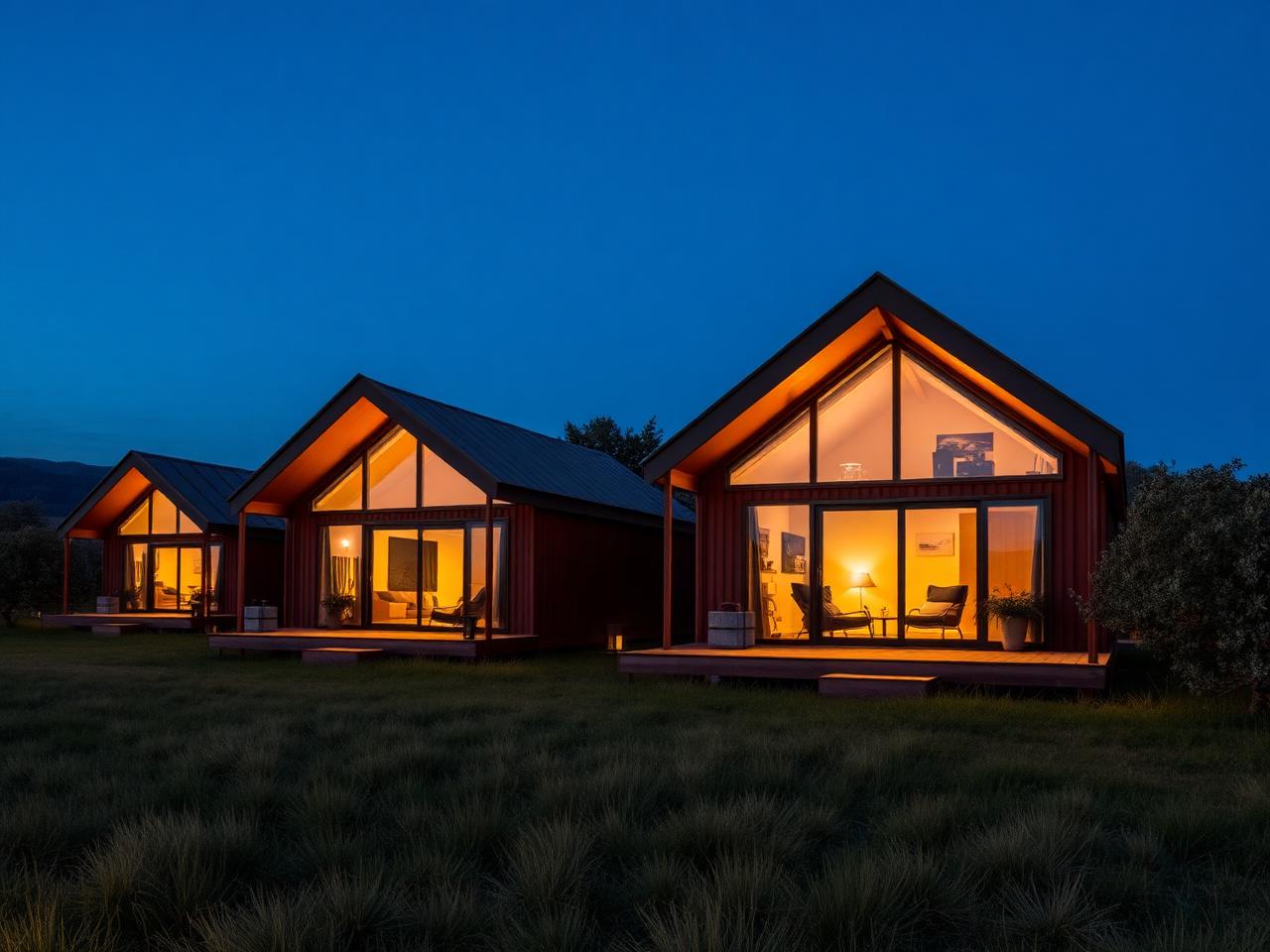 Moduli abitativi in acciaio Corten in un glamping al tramonto